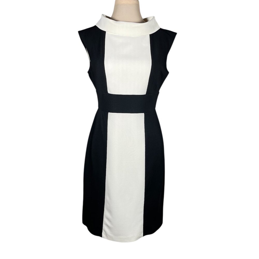 London Times Black and Ivory Color-Blocked Sleeveless Sheath Dress, Size: 8
